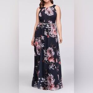 SLNY Navy Floral Halter Dress with Beaded Belt Gown 14 NWT